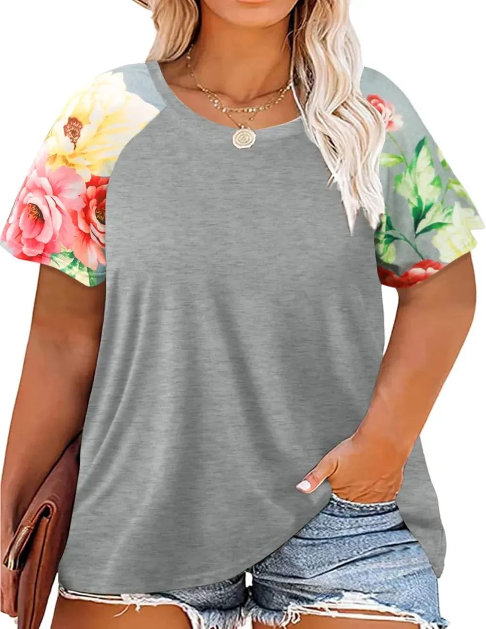 HDLTE Womens Plus Size Tops Floral Bell Sleeves Blouses Summer Crewneck Tunic Loose Casual T Shirts