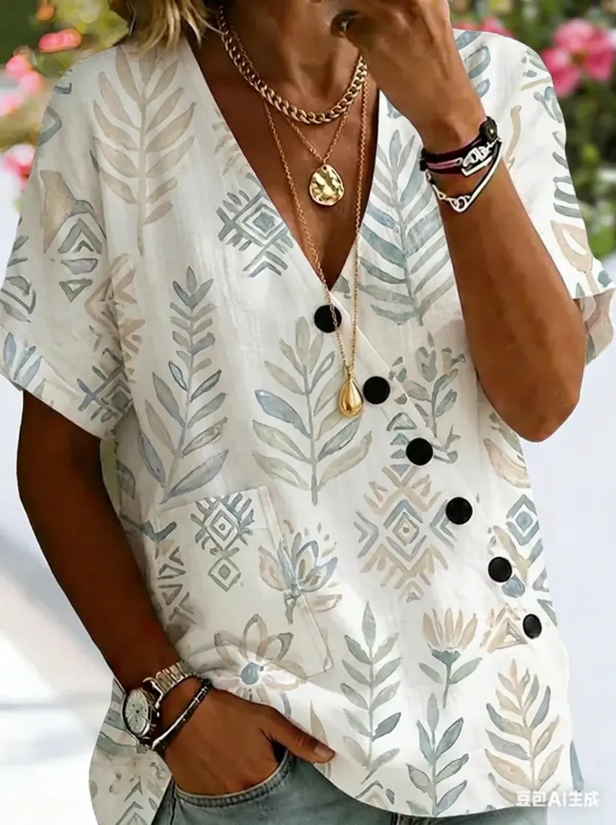 Women's Nashville Botanical Tribal Printed V-Neck Button Top