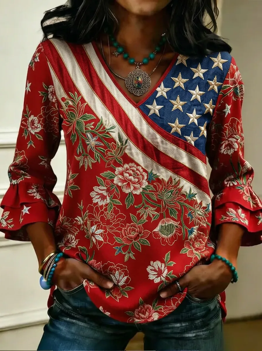 Women's Nashville USA Flag Floral Printed Ruffle Sleeve Top