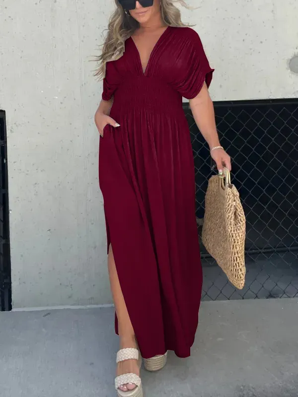 Slit V-Neck Effortless Maxi Long Dress