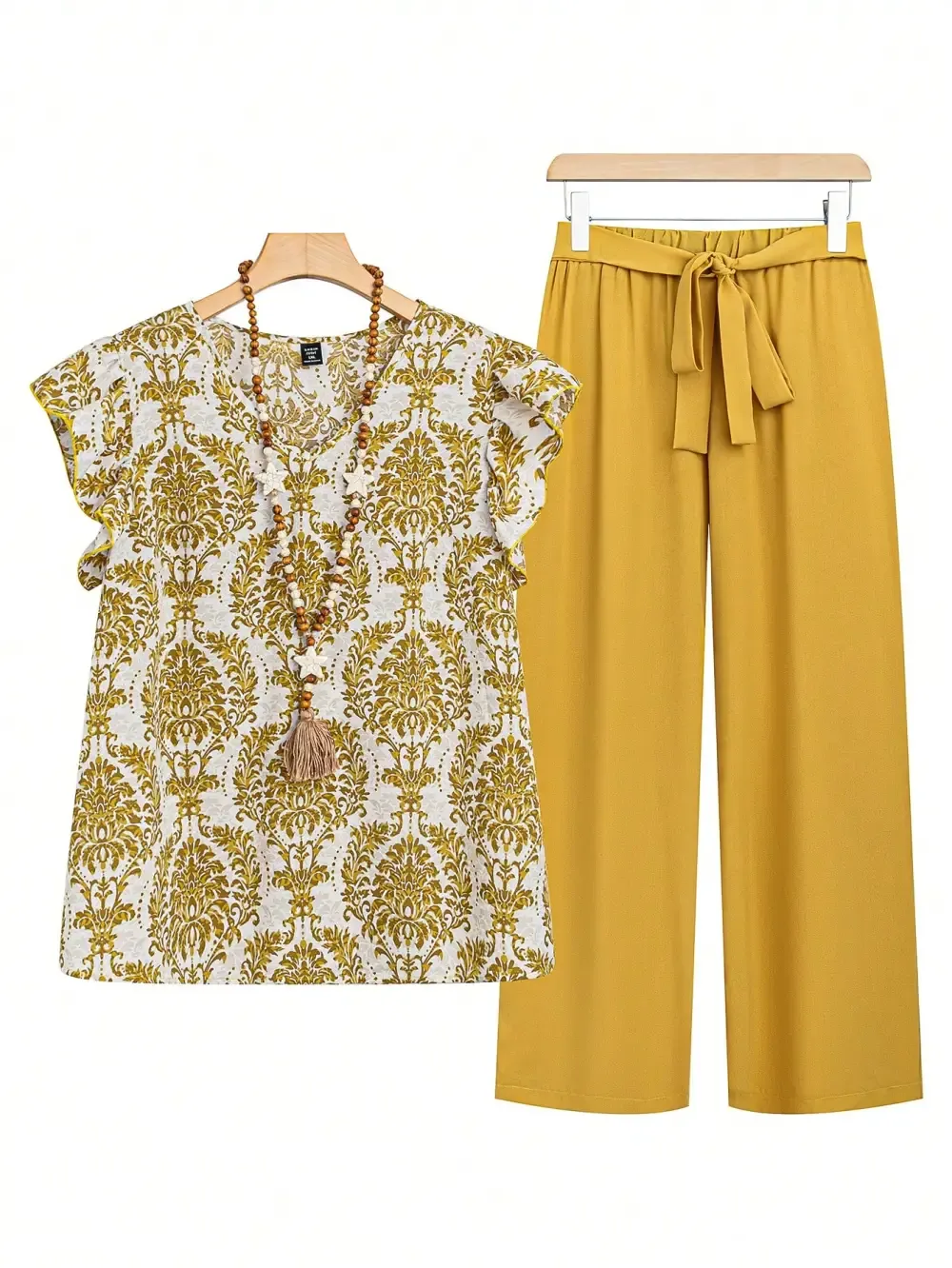 Plus Size Women's Plant Printed Round Neck Flare Sleeve Top And Pants Set