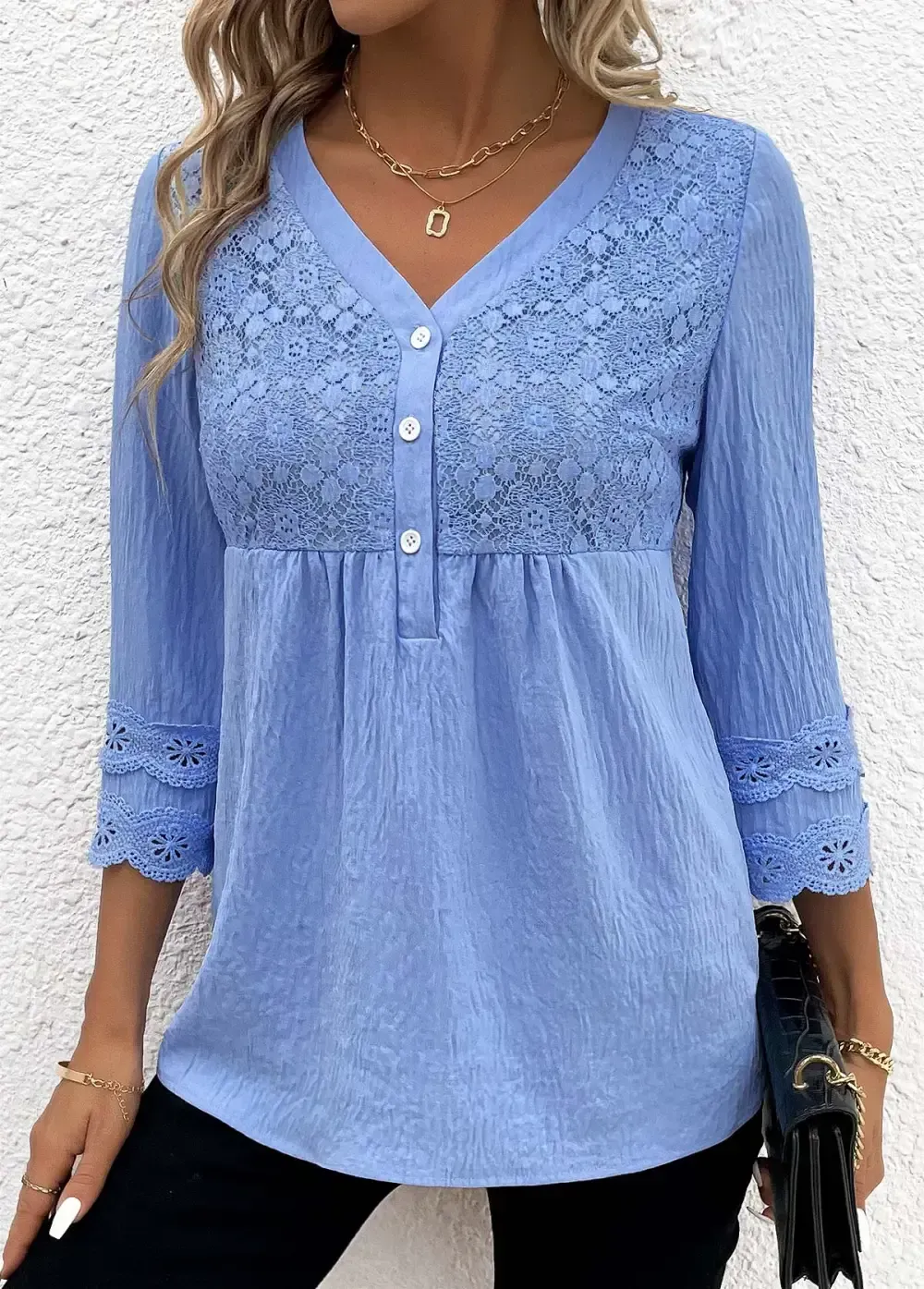Blue Lace Long Sleeve V Neck Blouse