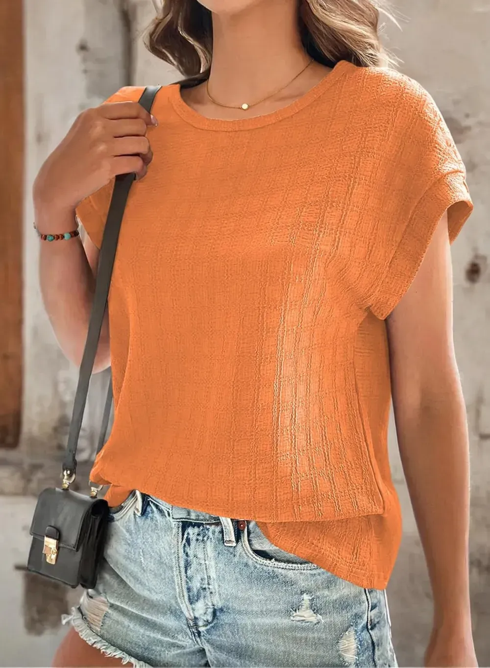 Dokotoo Tops for Women Trendy Summer Casual Cap Short Sleeve Basic Textured Solid Color Round Neck T Shirts Blouse