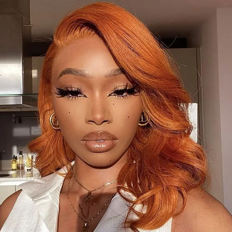 Pull Go Glueless 7×6 Lace Orange Ginger Body Wave Short Bob Wig Sterly Hair
