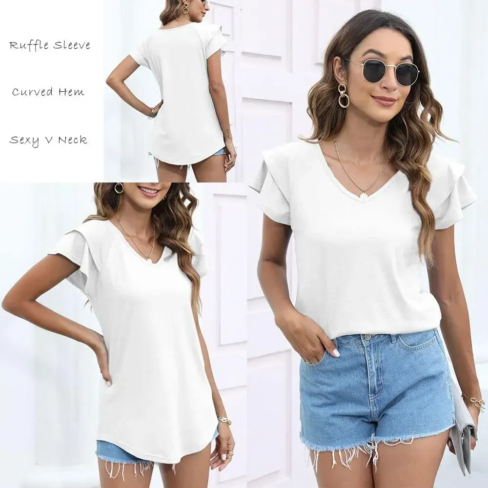 T&Twenties Womens Summer Tops Ruffle Short Sleeve Tunic Tops V Neck Loose Fit Flowy T-Shirts