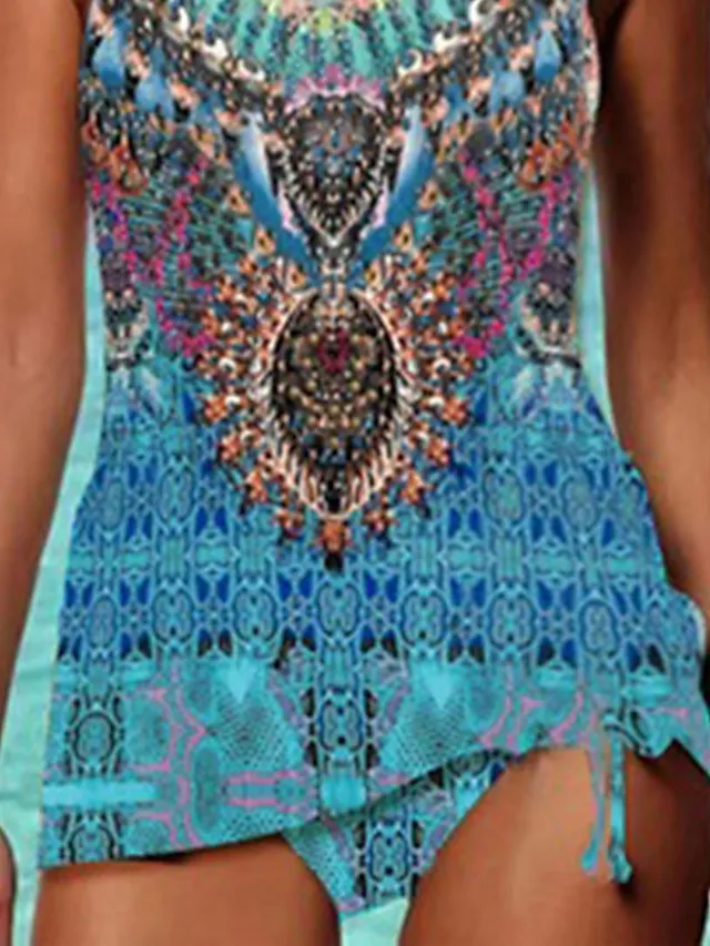 Women's Swimwear Tankini 2 Piece Normal Swimsuit 2 Piece Modest Swimwear Open Back Printing Color Block Blue Camisole Strap Bathing Suits New Vacation Fashion