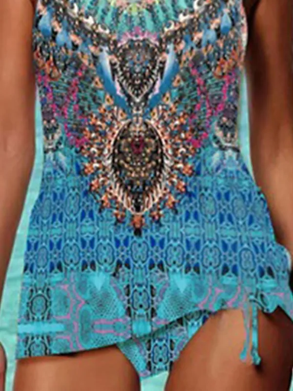 Women's Swimwear Tankini 2 Piece Normal Swimsuit 2 Piece Modest Swimwear Open Back Printing Color Block Blue Camisole Strap Bathing Suits New Vacation Fashion