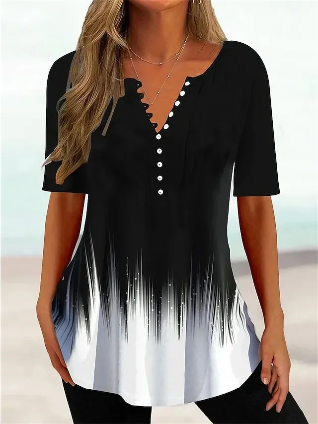 Women's T shirt Tee Henley Shirt Floral Color Gradient Casual Weekend Black Red Blue Print Short Sleeve Tunic Basic V Neck Regular Fit