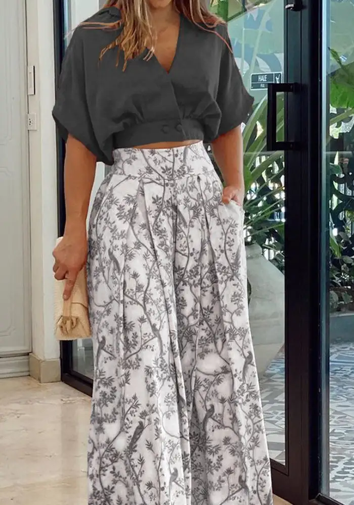 Uptown Girl Shirt Print Wide Leg Pants Set