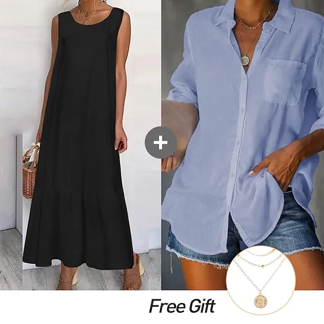Casual Set — Spring Women 's Dress & Shirt Set wirh Necklace