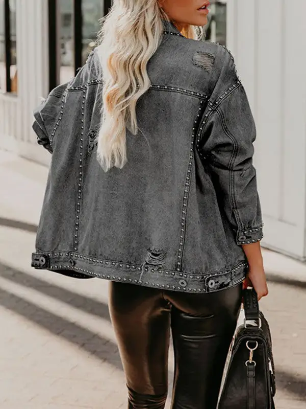 Distressed Studded Rip Denim Jacket