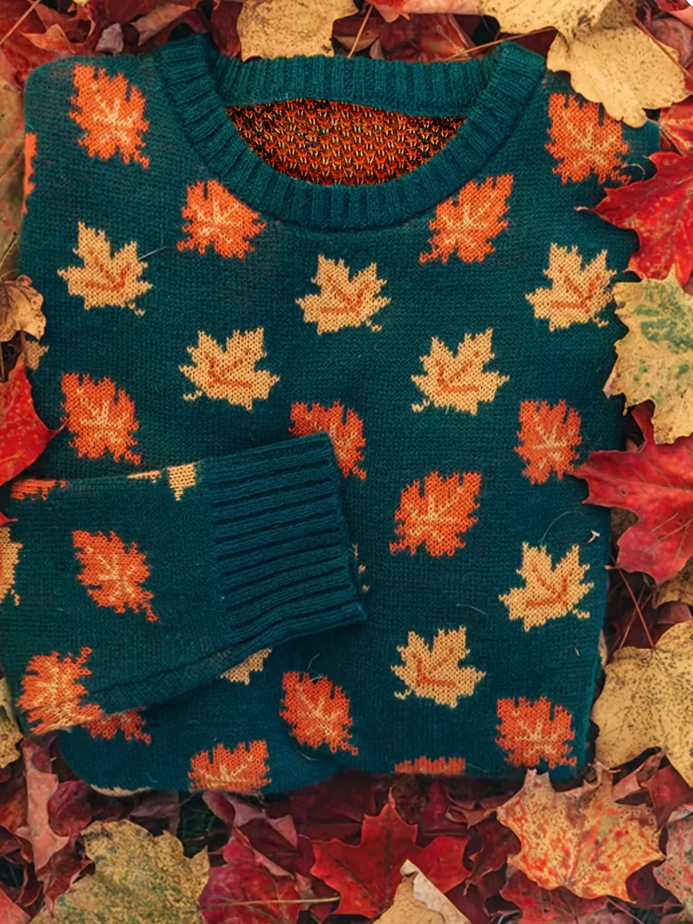 Maple Leaf Pattern Crew Neck Sweater Casual