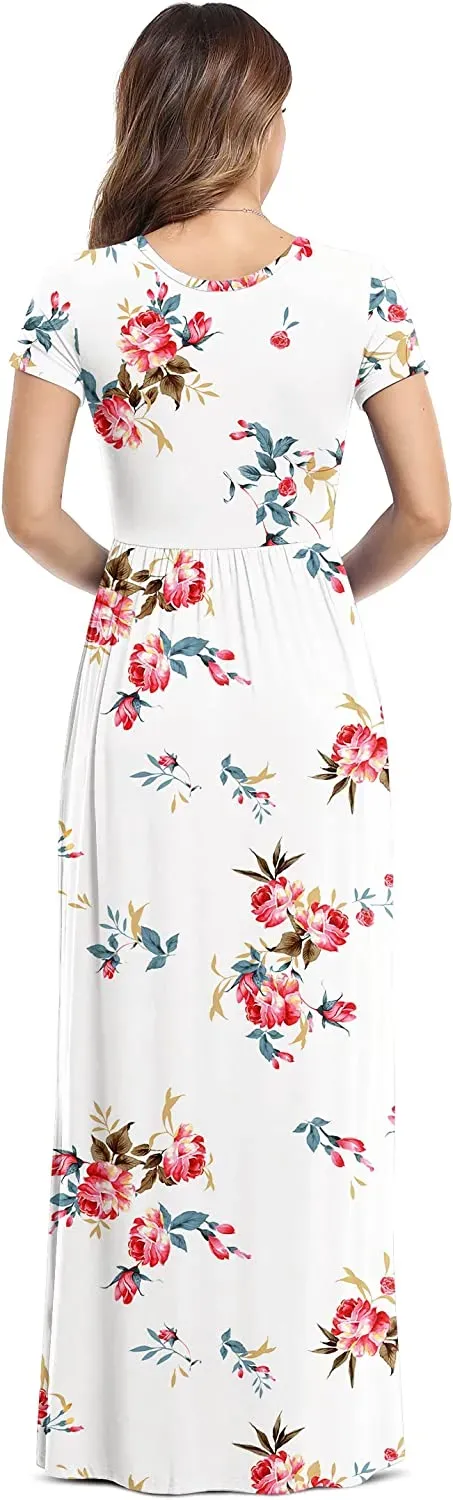 Women's Short Sleeve Loose Plain Maxi Dresses Casual Long Dresses with Pockets