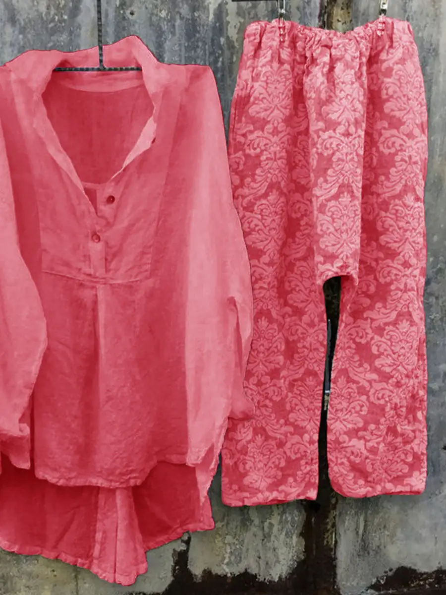 Women's Lapel Top And Printed Pants Set