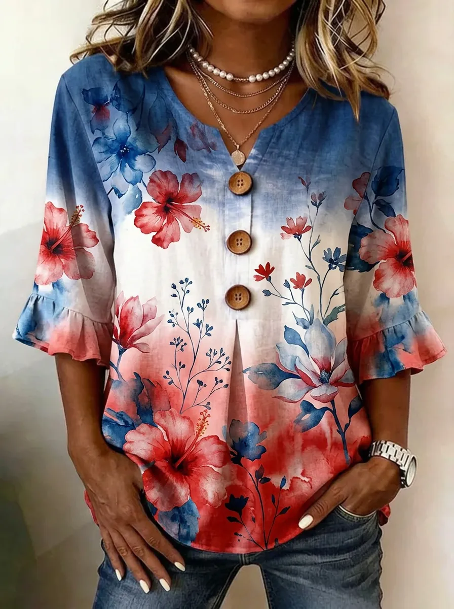 Women's Nashville Floral Ombre Printed V-Neck Button Top