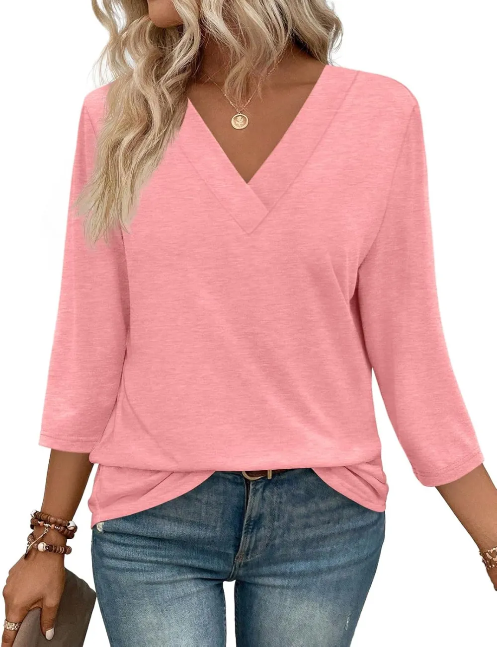 ⏰Hot Sale-Women's V Neck 3/4 Long Sleeve Tops Loose Fit Blouse