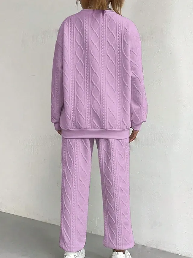 Women's Daily Sweatshirt Trousers Chinos Long Sleeve Round Neck Solid Color Patchwork Outdoor White Pink Rose Red Spring Regular Fit