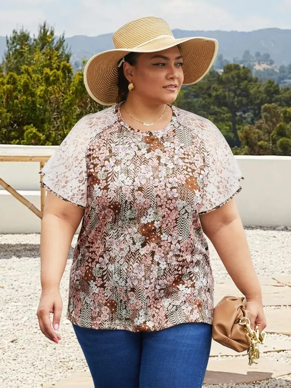 HDLTE Womens Plus Size Tops Floral Bell Sleeves Blouses Summer Crewneck Tunic Loose Casual T Shirts