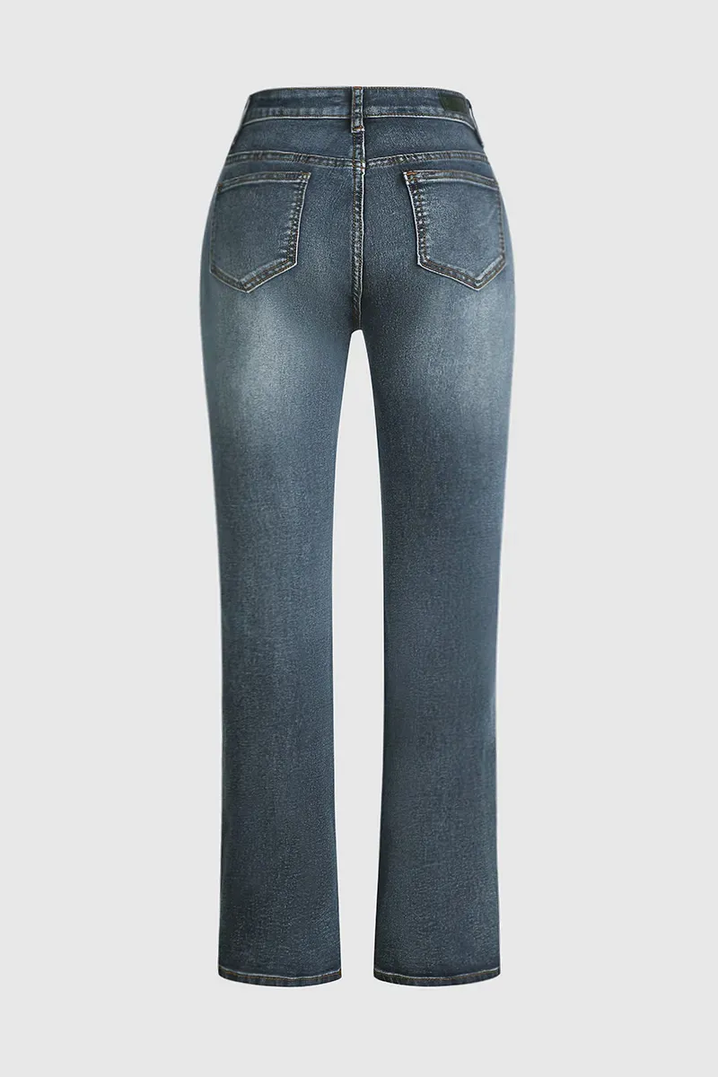 Floral Embroidery Mid Waist Bootcut Jeans