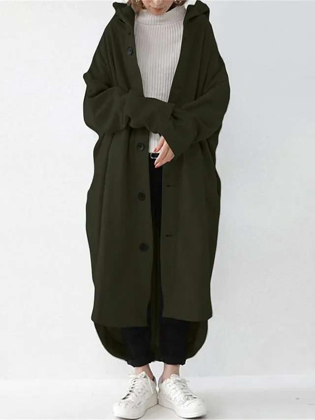 Women's Coat Street Fall Dusty Coat Casual Winter Windproof Long Coat with Pockets Regular Fit Warm Breathable Street Style Jacket Long Sleeve Plain Black Yellow Red