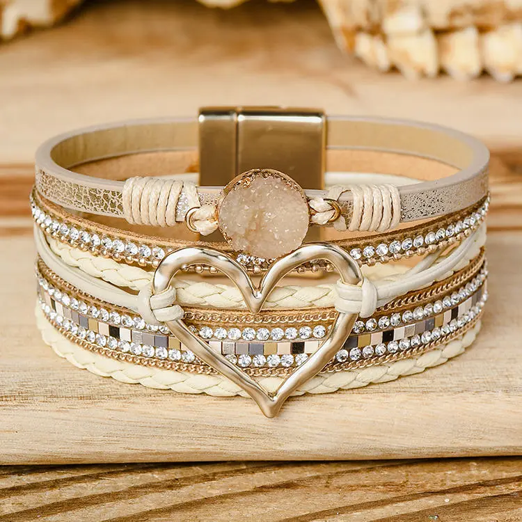 Rhinestone Heart Alloy Magnetic Buckle Bracelet
