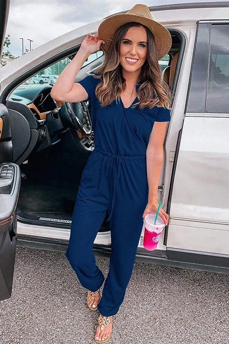 Deep V Neck Wrap Drawstring Waist Jumpsuit