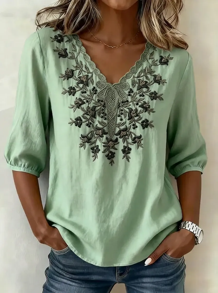 Women's Nashville Floral Embroidery Printed V-Neck Top