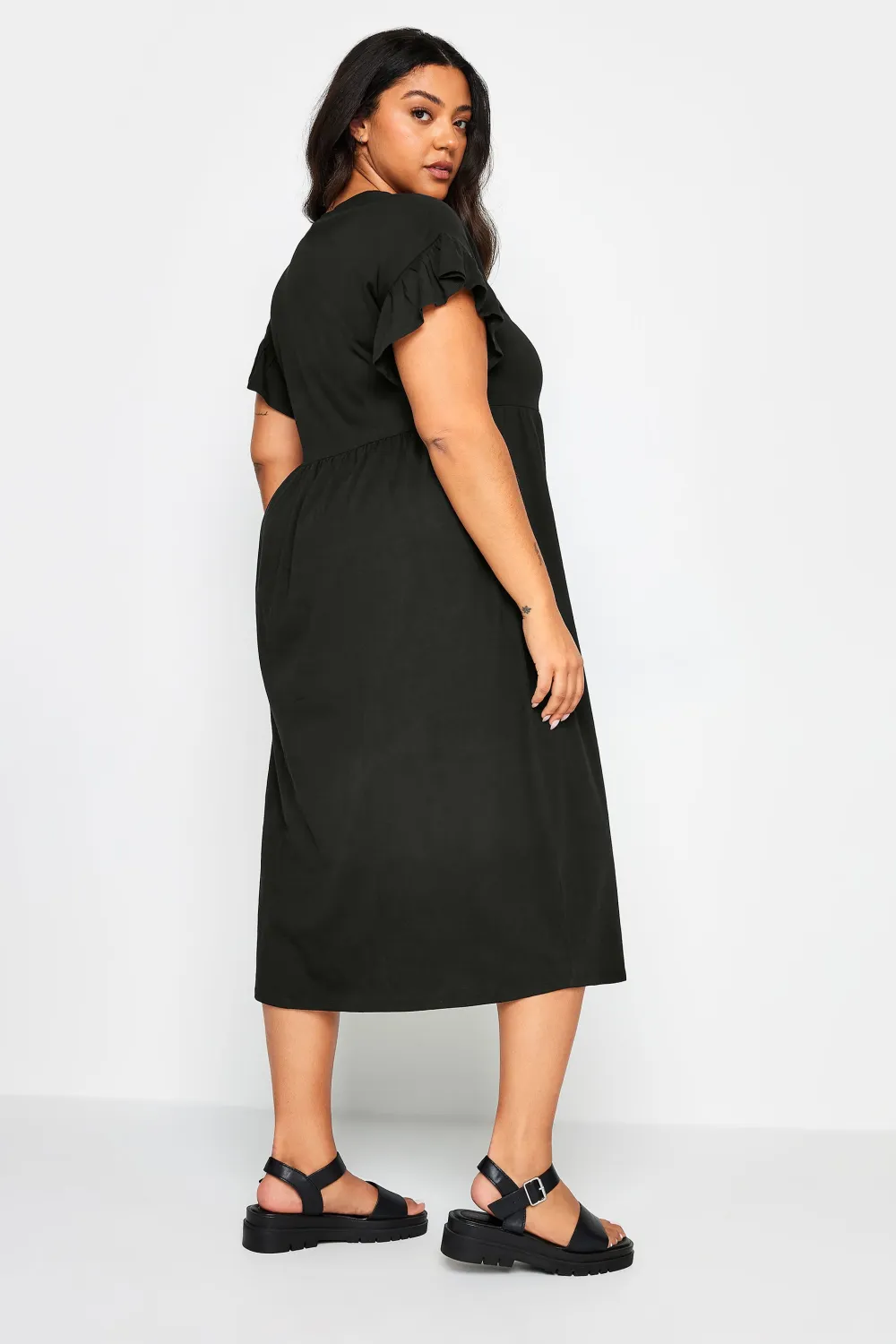 YOURS Curve Black Pure Cotton Frill Sleeve Midaxi Dress