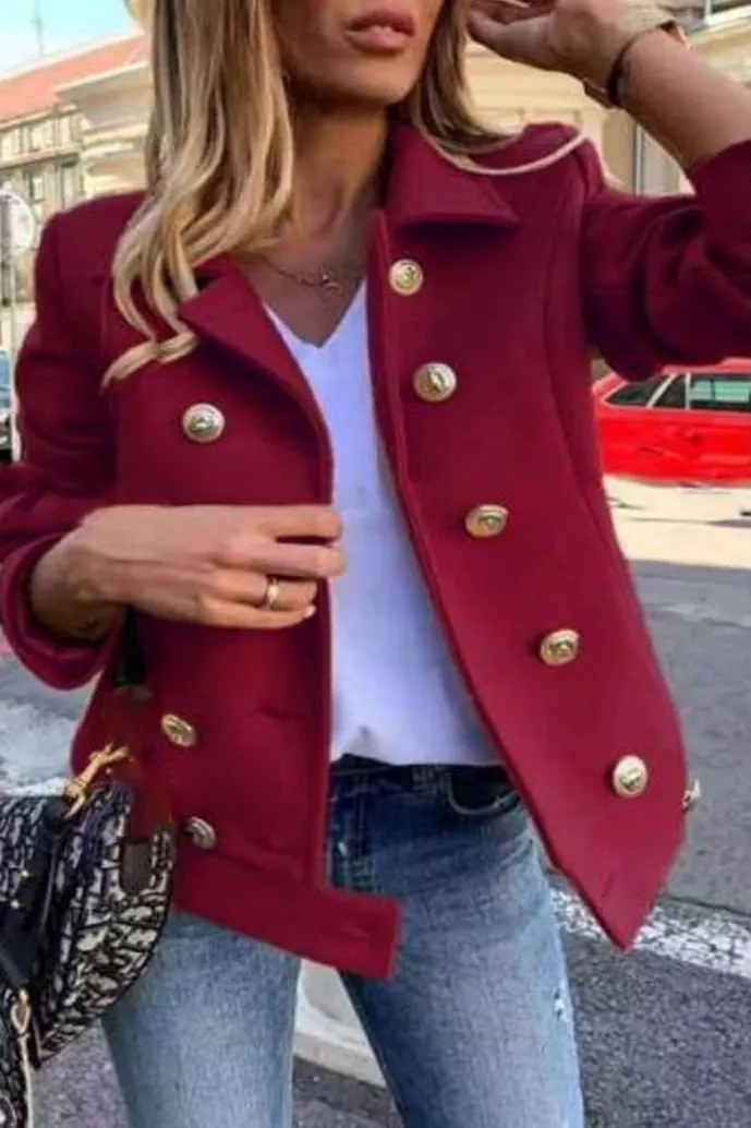 Solid Double Breasted Suit Collar Coat