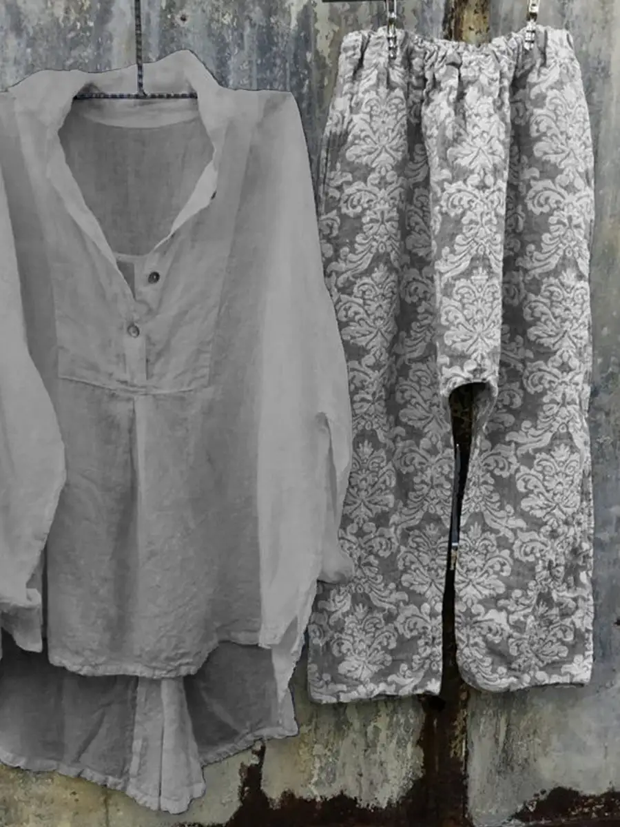 Women's Lapel Top And Printed Pants Set