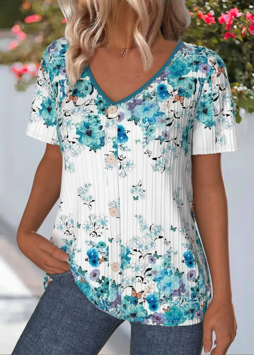 Cyan Floral Print Short Sleeve V Neck T Shirt