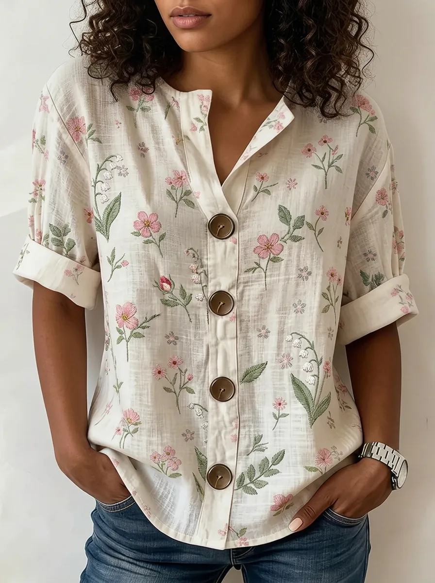 Women's Nashville Floral Botanical Printed Button-up Shirt