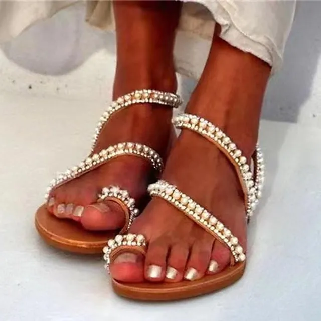 Women's Sandals Boho Bohemia Beach Plus Size Daily Beach Wedding Sandals Summer Pearl Flat Heel Open Toe Elegant Casual Minimalism Synthetics Loafer Solid Colored Light Brown