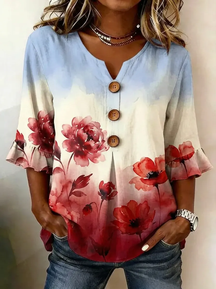 Women's Nashville Floral Watercolor Printed Button V-Neck Top