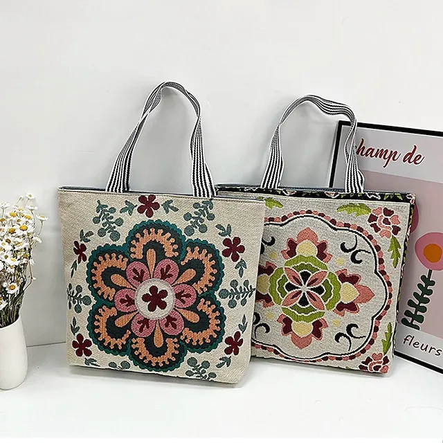 Women's Tote Shoulder Bag Canvas Tote Bag Canvas Shopping Holiday Zipper Large Capacity Foldable Lightweight Geometric Folk Style one Style Three Style two