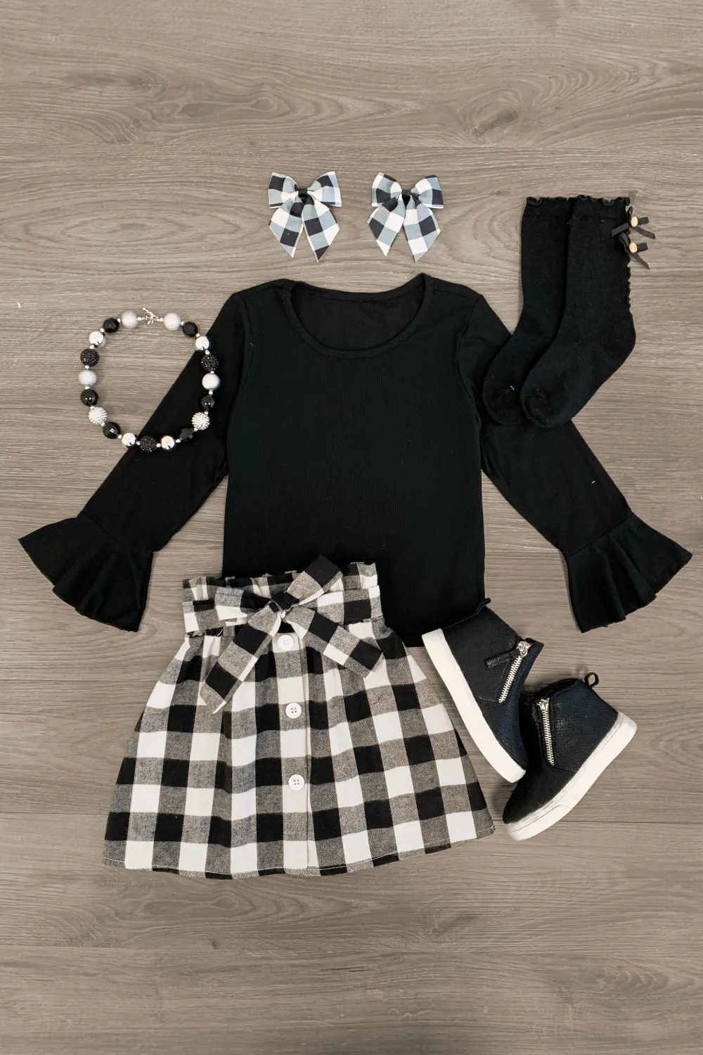 Black & White Buffalo Plaid Flannel Skirt Set