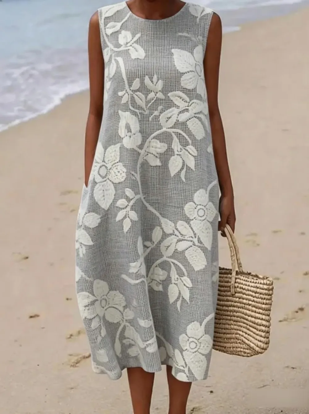 Women'S Round Neck Sleeveless Color-Block Printed Dress