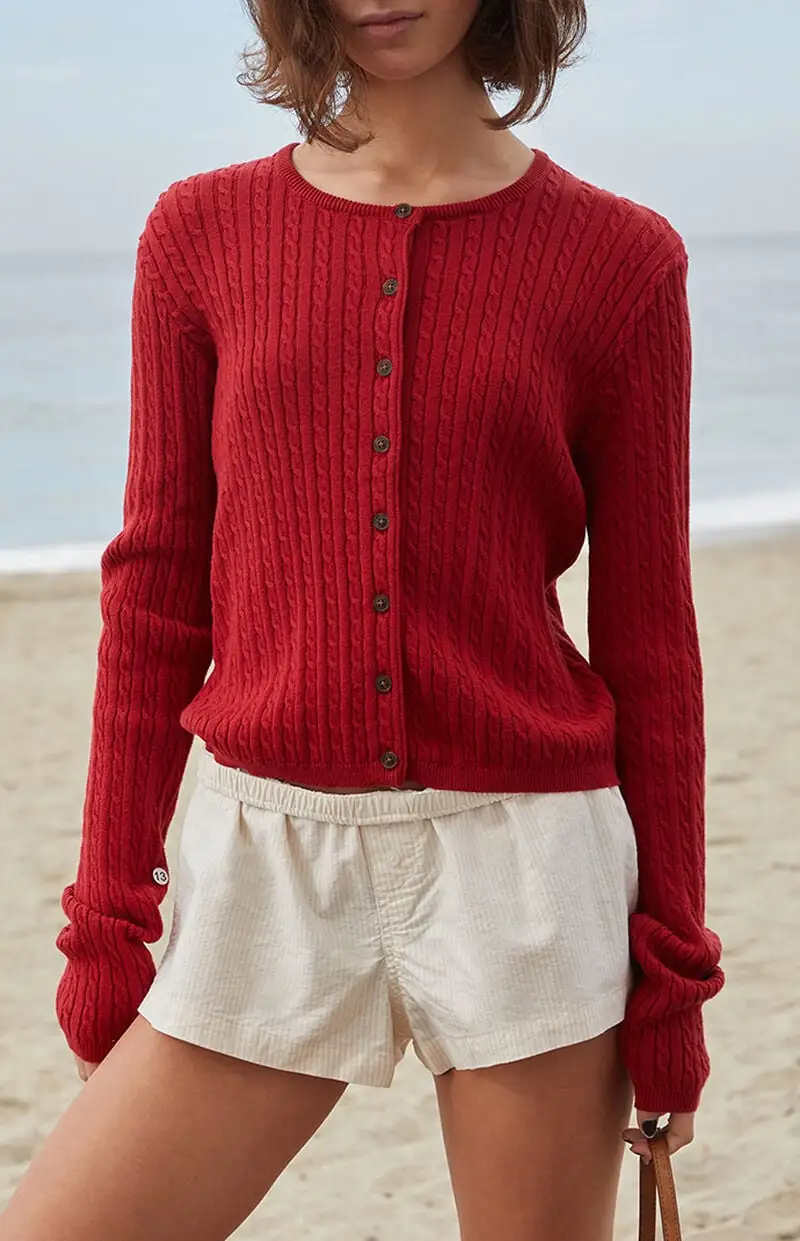 John Galt Red Zoe Cable Knit Cardigan