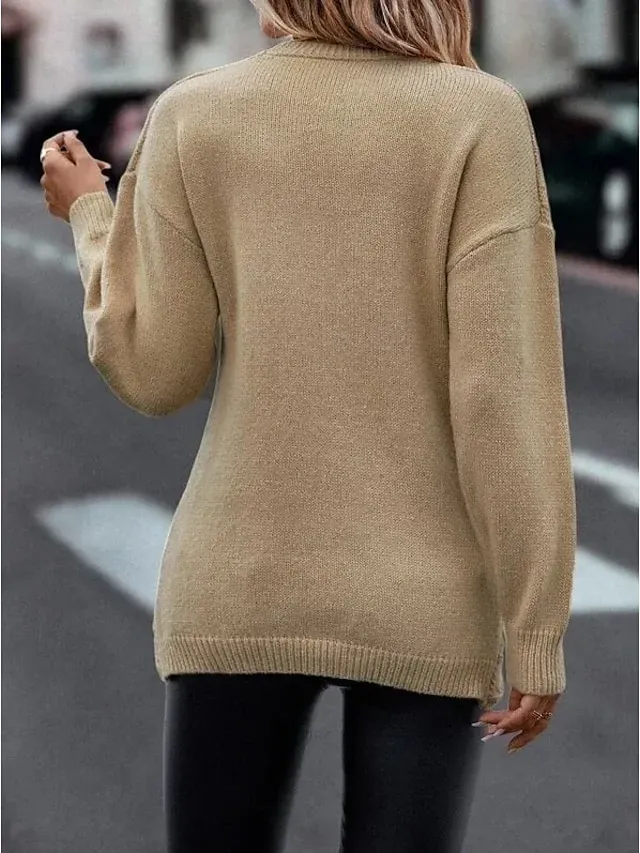 Women's Cable Knit Sweater V Neck Knitted Fall Winter Work Elegant Fashion Daily Long Sleeve Solid Color Pink Camel