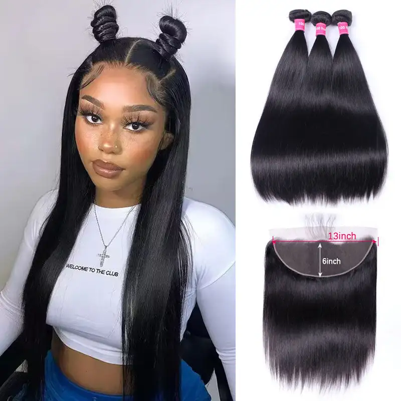 Straight Hair 3 Bundles With 13x6 Lace Frontal Remy Human Hair 4 Bundles With Lace Frontal