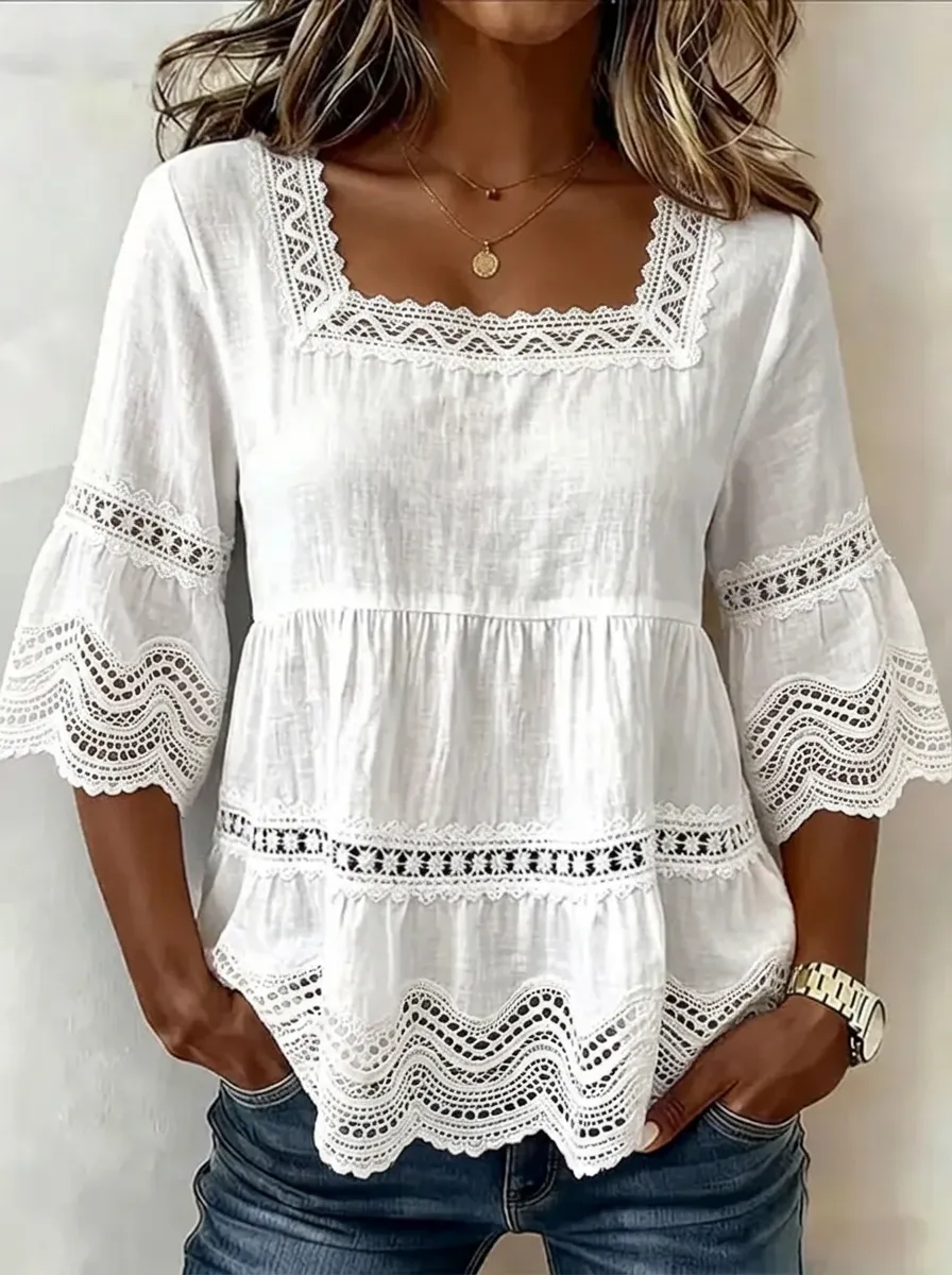 Women's Nashville Country Style Lace Trimmed Printed Top