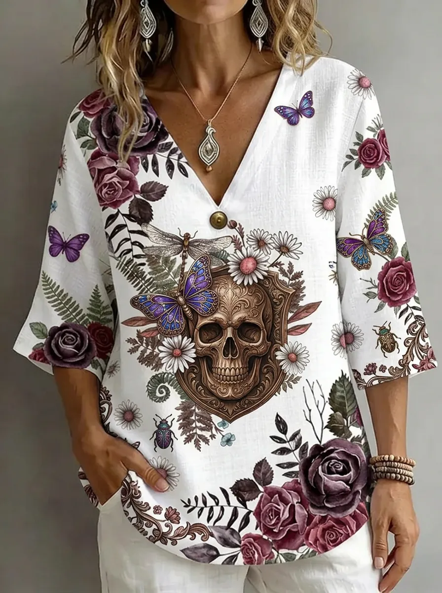 Women's Nashville Skull Butterfly Floral Printed V-neck Top