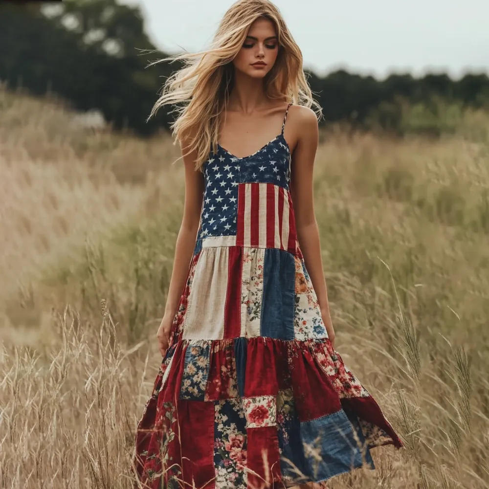 Women's Vintage Independence Day Floral Patchwork Art Slip Dress