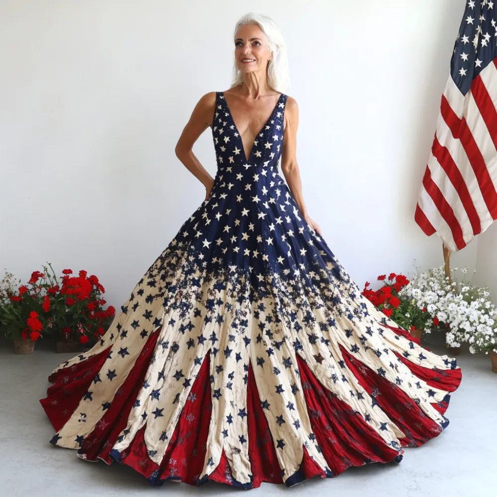Women's Independence Day Flag And Floral Print Sleeveless Dress