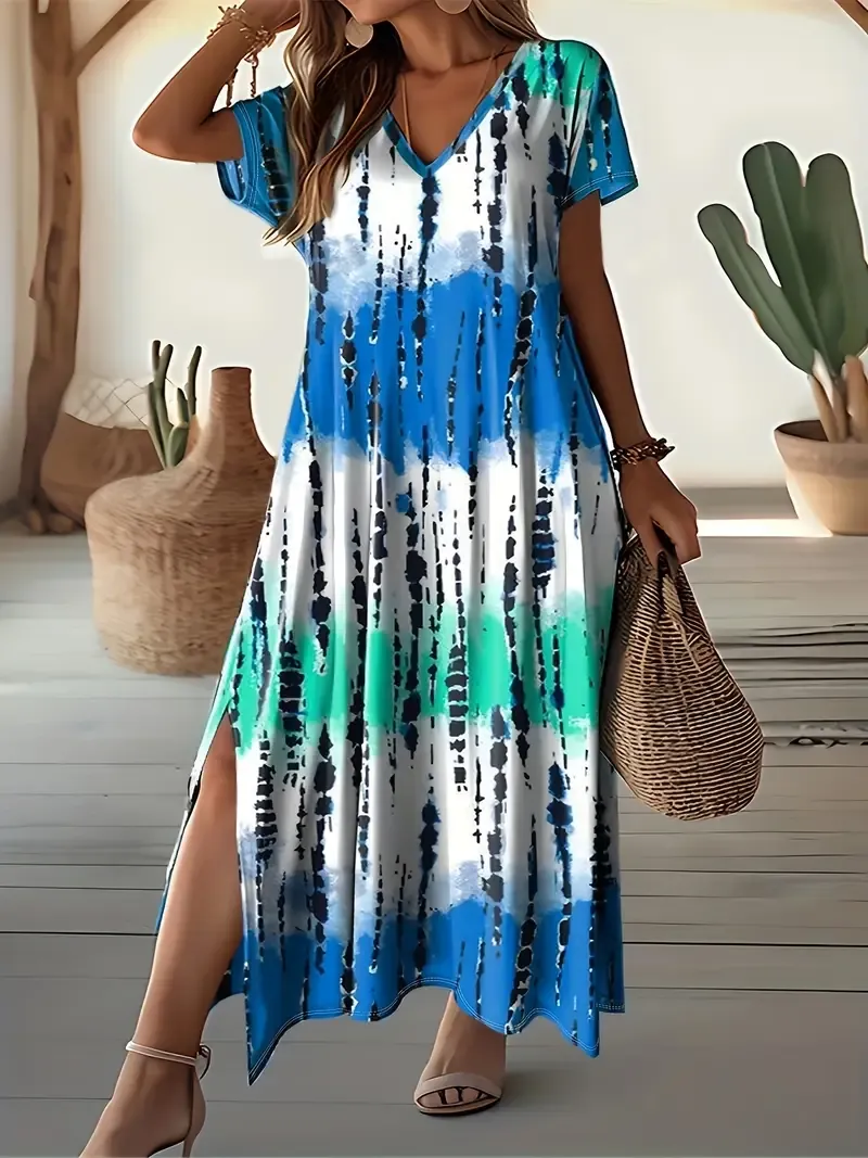 Plus Size Tie Dye Split Dress - Casual Short Sleeve V Neck Dress For Spring & Summer - Women's Plus Size Clothing - For Women Seeking Trendy & Comfortable Summer Outfits - Perfect Gift for Birthday & Vacation