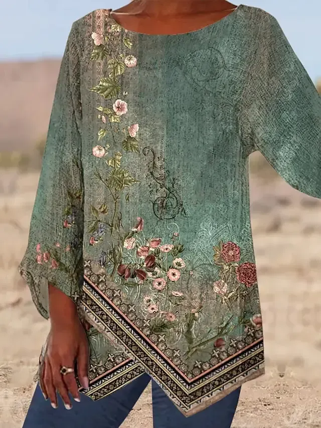 Women's Shirt Blouse Green Floral Asymmetric Print Long Sleeve