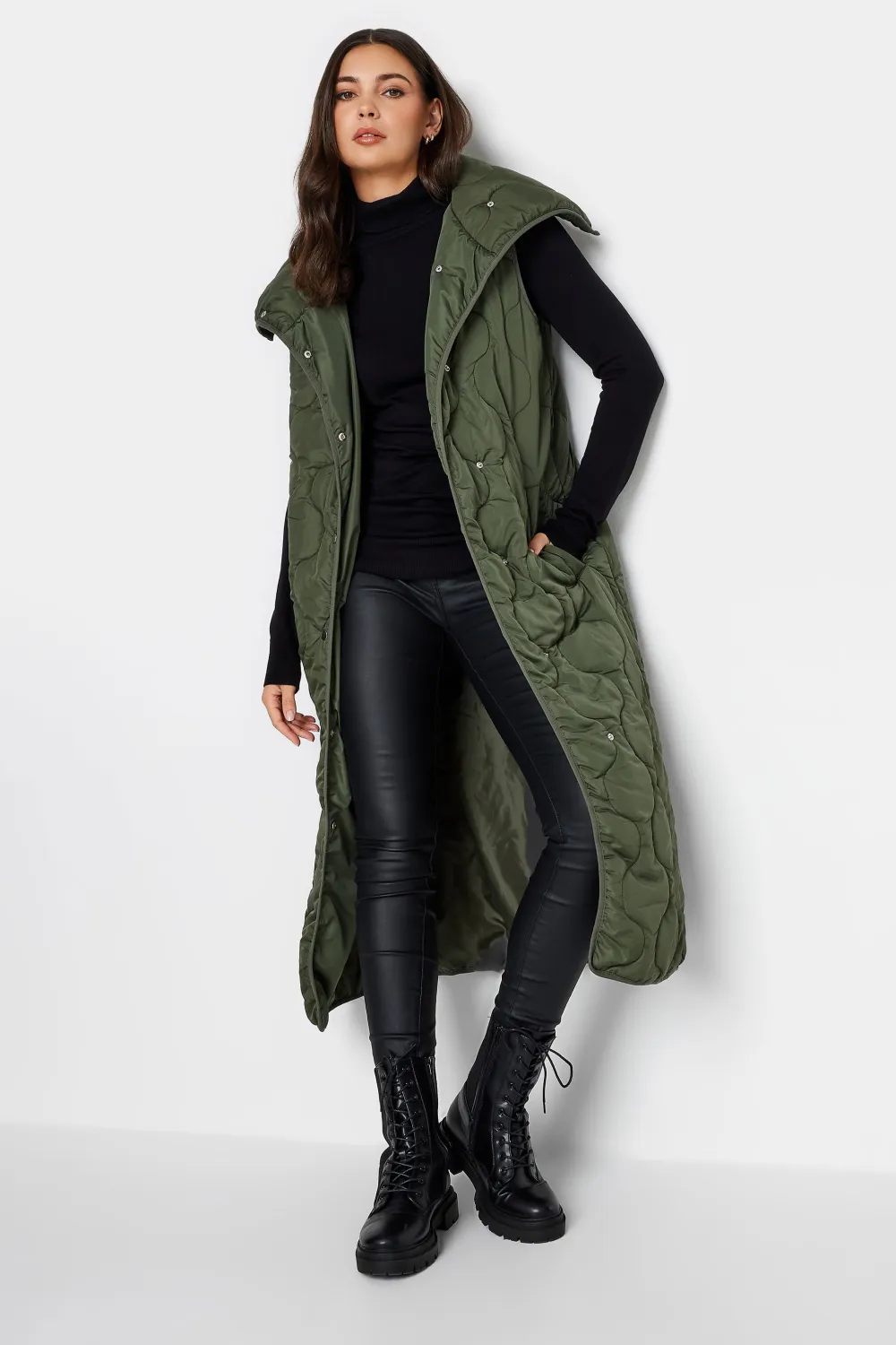 LTS Tall Black Funnel Neck Quilted Longline Gilet