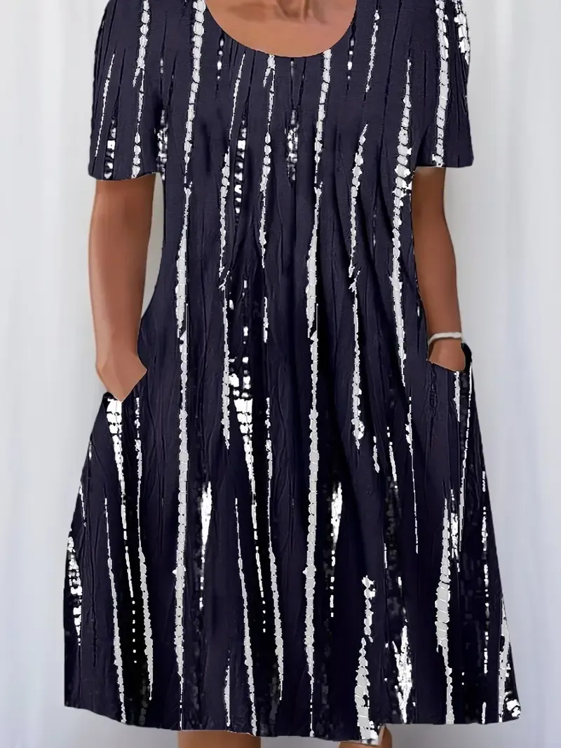 Plus Size Boho Dress, Women's Plus Strip Short Sleeve Round Neck Slight Stretch Tee Dress With Pockets