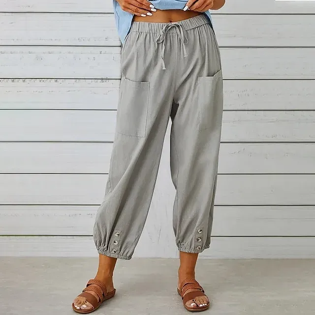 Women's Pants Trousers Linen Cotton Blend Pocket Ankle-Length Black Spring & Summer