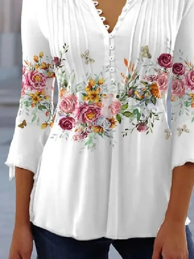 Women's Shirt Blouse Light Blue White Pink Floral Button Print 3/4 Length Sleeve Casual Holiday Basic Round Neck Regular Fit Floral